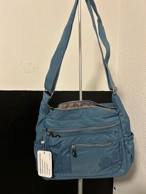 Dusty Blue Crossbody Shoulder Bag with Multiple Zipper Pockets